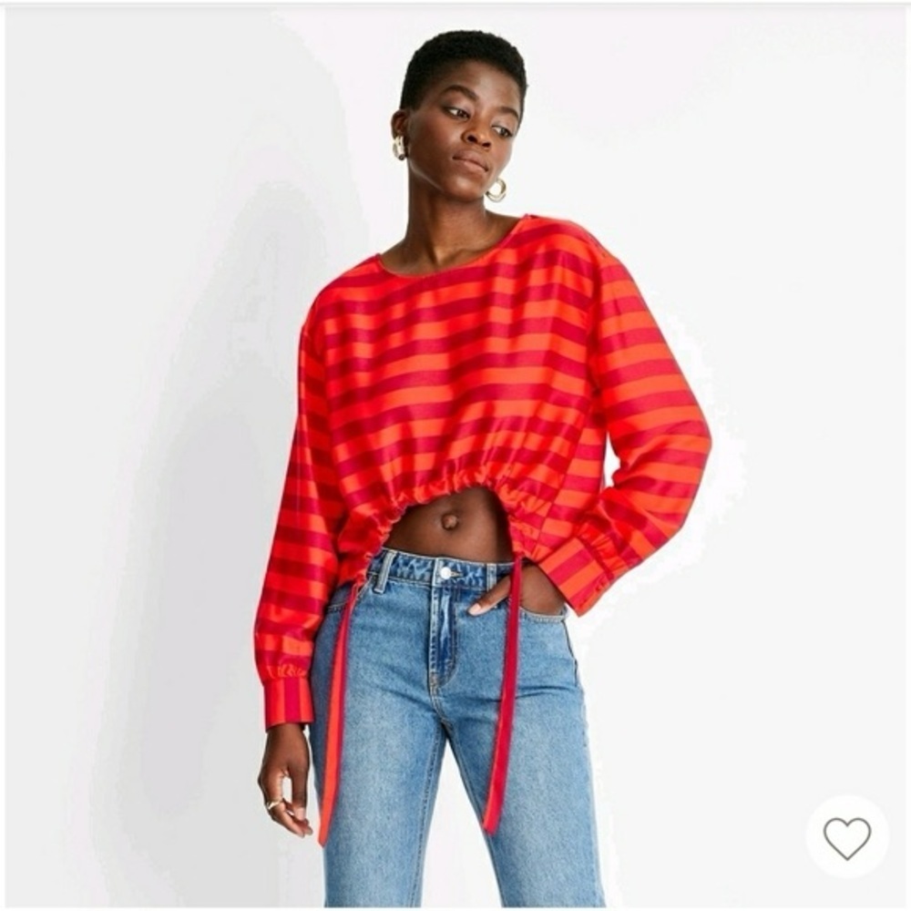 Future Collective Kahlana Red & Coral Long Sleeved Cropped Blouse Sz XXS
